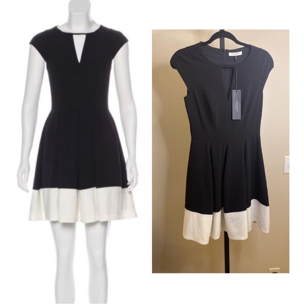 Halston Heritage fit and flare dress cap sleeves black keyhole - Picture 1 of 14